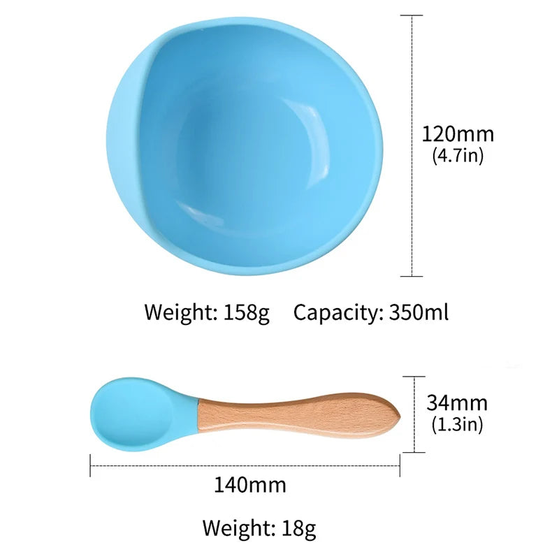 Baby Silicone Bowl Feeding Tableware Children's Suction Bowl Plate Wooden Handle Silicone Spoon Set Dishes For Baby Kitchenware - Eloy Royal