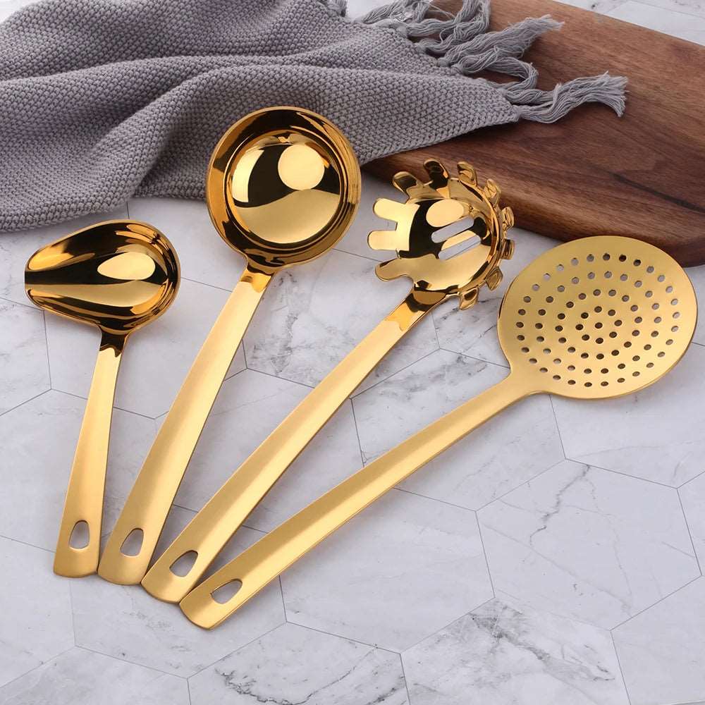 1pc Gold Stainless Steel Long Soup Spoon Cooking Utensils Pink Metal Polish Skimmer Colander Shovel Spatula Kitchenware Set