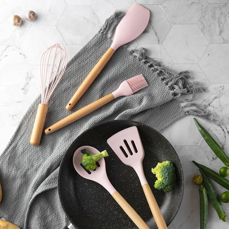 Pink Cooking Kitchenware Tool Silicone Utensils With Wooden Multifunction Handle Non-Stick Spatula Ladle Egg Beaters Shovel Set - Eloy Royal