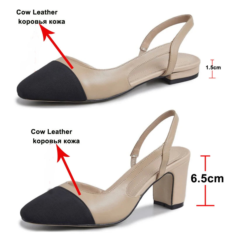 Meotina Low Heels Real Leather Slingbacks Shoes Women Square Toe Pumps Thick Heel Shoes Brand Design Lady Footwear 2023 Size 40 - Eloy Royal