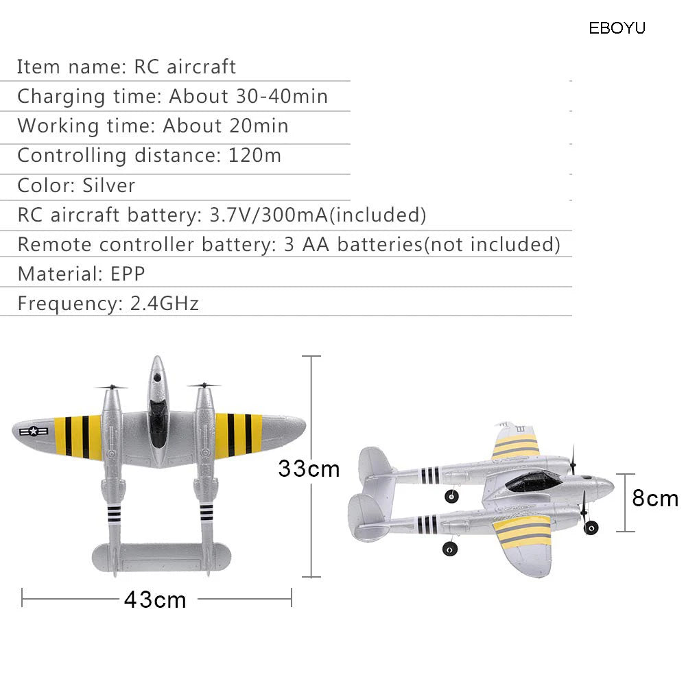 EBOYU FX-816 P38 RC Airplane 2.4GHz 2CH RC Plane Aircraft Outdoor Flight Toys for Kids Boys - Eloy Royal