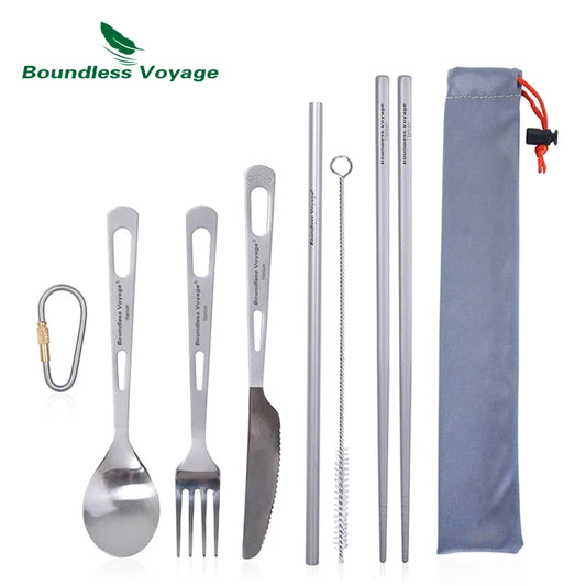 Boundless Voyage Titanium Camping Spoon Fork Spork Knife Chopsticks Straw Portable Tableware Cutlery Flatware Mess Kit - Eloy Royal