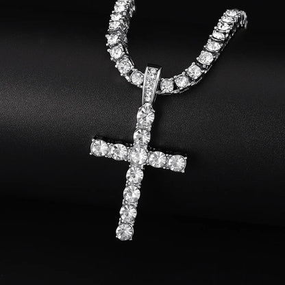 Men Women Hip Hop Cross Pendant Necklace With 4mm Zircon Tennis Chain Iced Out Exquisite Bling Jewelry Fashion Trendy Creative - Eloy Royal