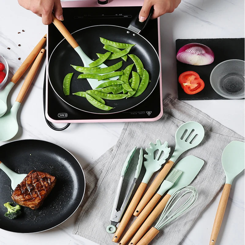 Green Silicone Utensils Cooking Kitchenware Tool Set With Wooden Multifunction Handle Non-Stick Spatula Ladle Egg Beaters Shovel - Eloy Royal