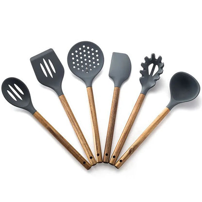 2020 Kitchen Utensils Silica Gel Cooking Spoon Leaky Spoon Acacia Wood Spatula Wooden Handle Silicone Kitchenware Set Spatula - Eloy Royal