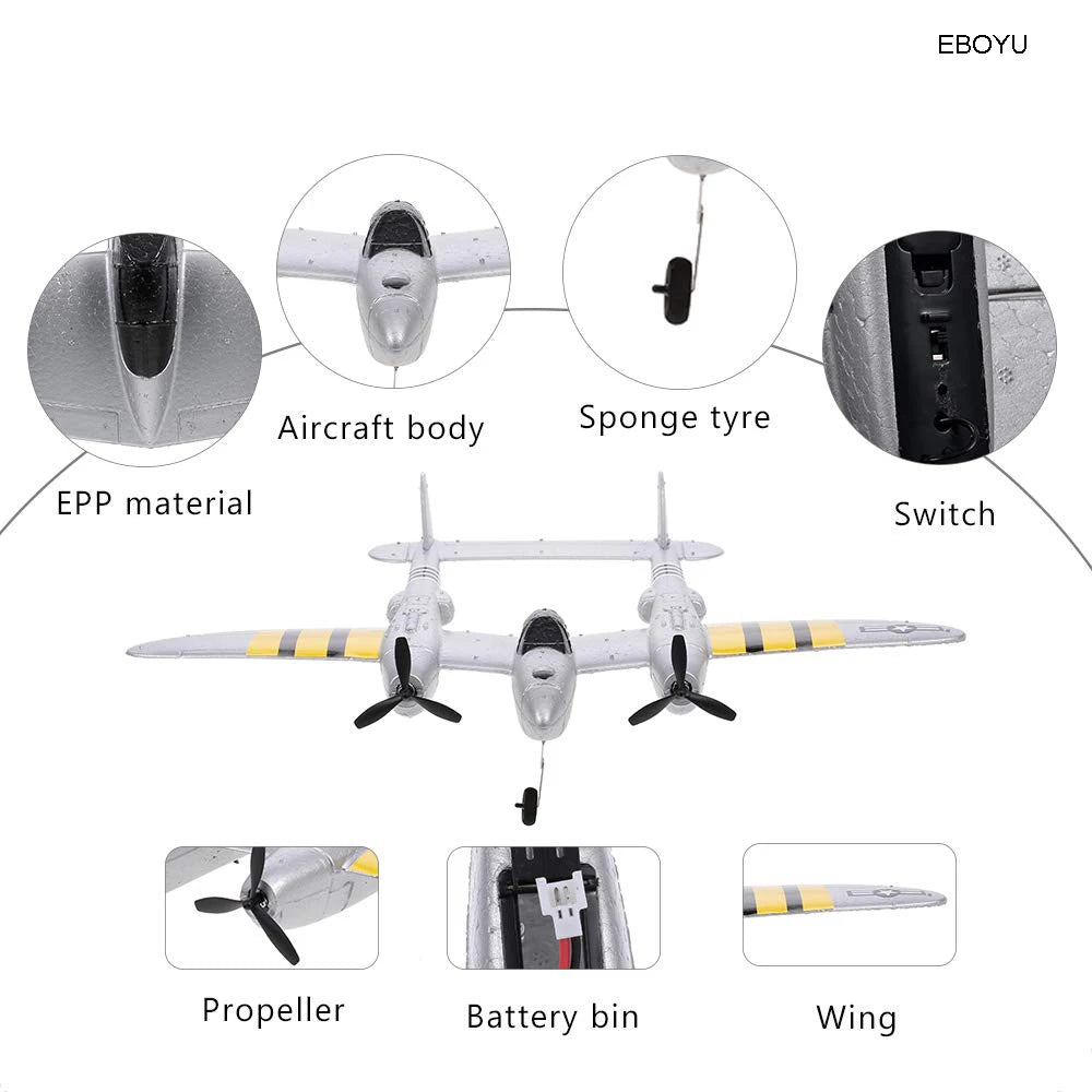 EBOYU FX-816 P38 RC Airplane 2.4GHz 2CH RC Plane Aircraft Outdoor Flight Toys for Kids Boys - Eloy Royal