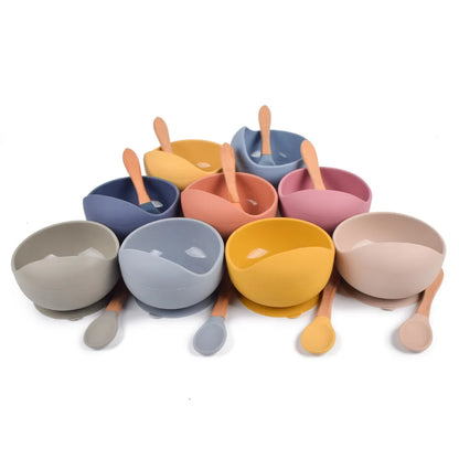 Baby Silicone Bowl Feeding Tableware Children's Suction Bowl Plate Wooden Handle Silicone Spoon Set Dishes For Baby Kitchenware - Eloy Royal