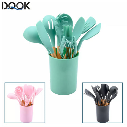 Silicone Kitchenware Cooking Utensils Set Non-stick Cookware Spatula Shovel Egg Beaters Wooden Handle Kitchen Cooking Tool Set - Eloy Royal