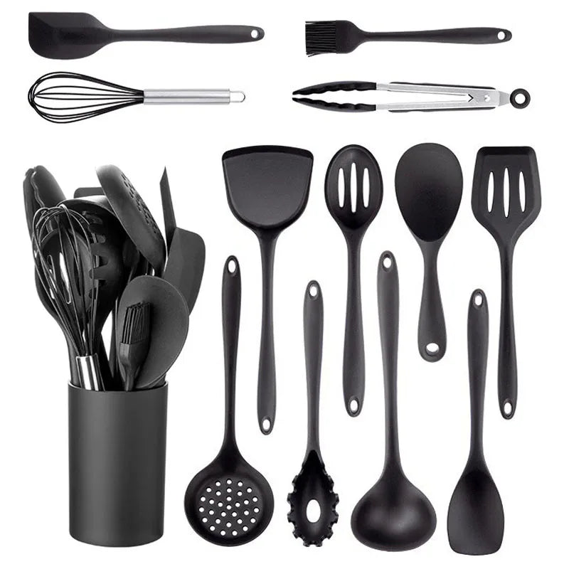 JANKNG Black Silicone Kitchenware Non-stick Cooking Tool Spatula Ladle Egg Beaters Shovel Soup Cookware Utensil Kitchen Cookware - Eloy Royal