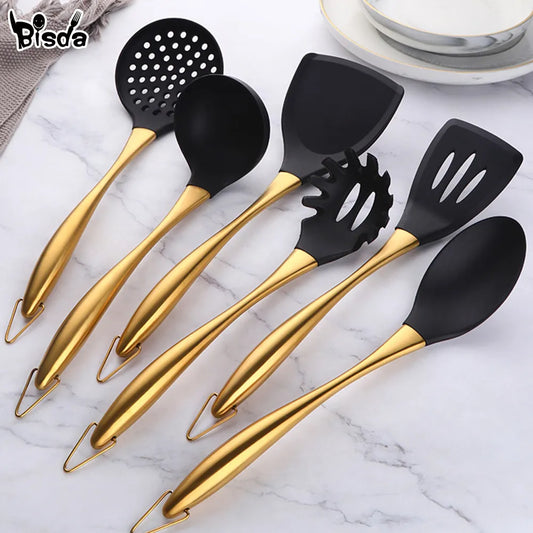 Gold Cooking Tool Set Silicone Head Kitchenware Stainless Steel Handle Soup Ladle Colander Set Turner Serving Spoon Kitchen Tool - Eloy Royal