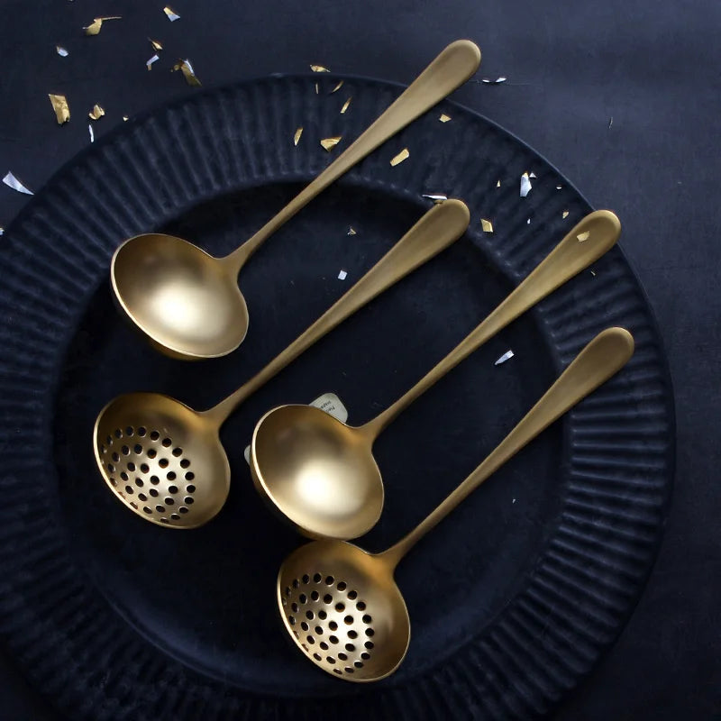 Gold Metal Soup Ladle Colander Set Kitchen Cookware Long Handle Soup Spoon Dinner Kitchenware Serving Spoon Utensil Tools - Eloy Royal