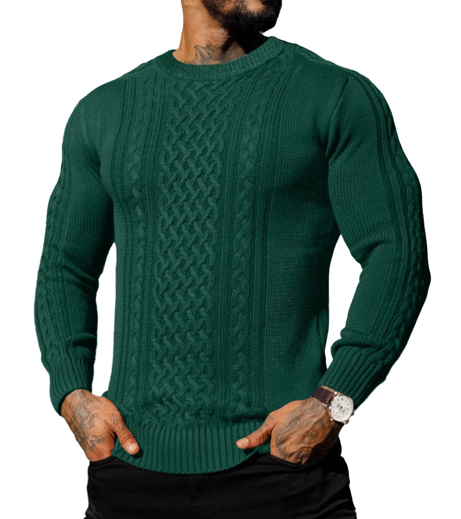 Askdeer Mens Pullover Sweater Fisherman Cable Knit Crewneck Sweater Winter Casual Knitted Sweaters with Ribbing Edge Green 01 Soft&Warm A08 Green X-Large