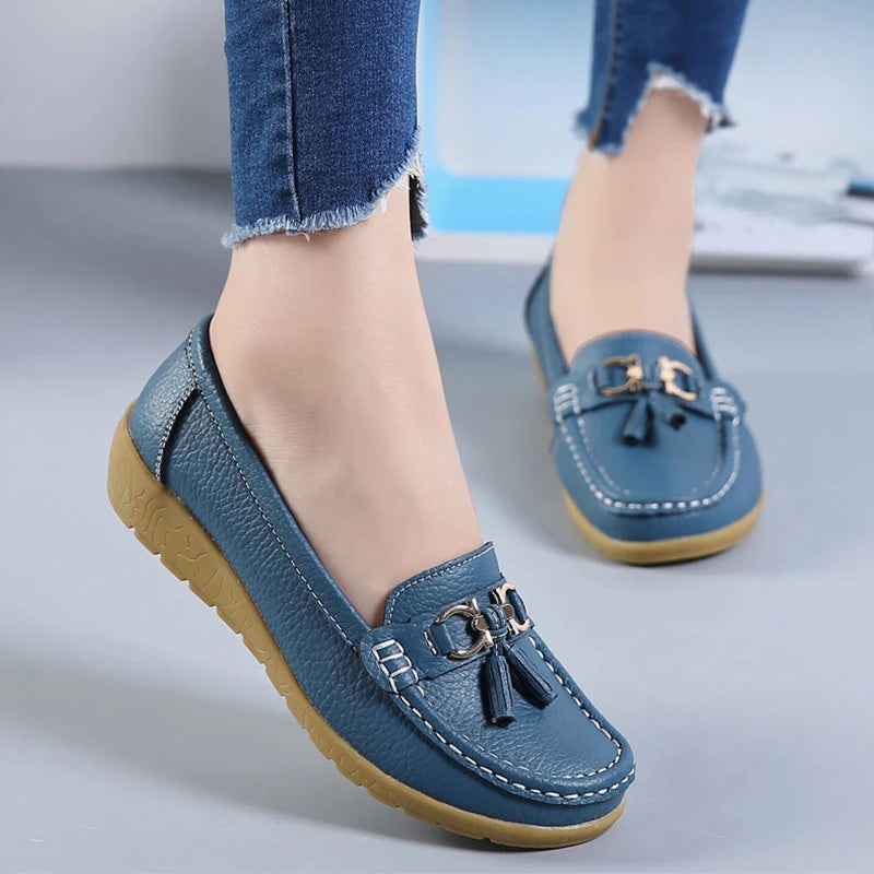 2021 Women Shoes Spring Autumn Cow Leather Flats Women Footwear Slip On Loafers Mother Moccasins Shoes Female Large Size 35-44 - Eloy Royal