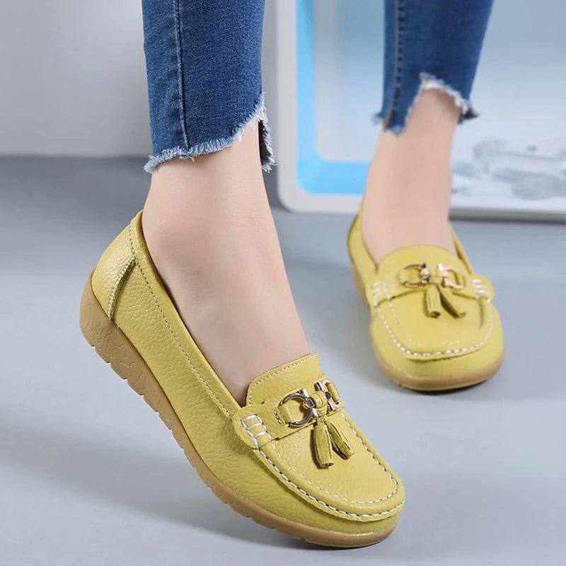 2021 Women Shoes Spring Autumn Cow Leather Flats Women Footwear Slip On Loafers Mother Moccasins Shoes Female Large Size 35-44 - Eloy Royal