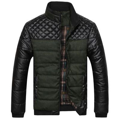 DIMUSI Winter Men Parkas Fashion Mens Cotton Thick Padded Jackets Male Casual PU Patchwork Design Outerwear Coats Clothing YA745 Green