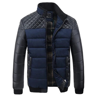 DIMUSI Winter Men Parkas Fashion Mens Cotton Thick Padded Jackets Male Casual PU Patchwork Design Outerwear Coats Clothing YA745 Blue