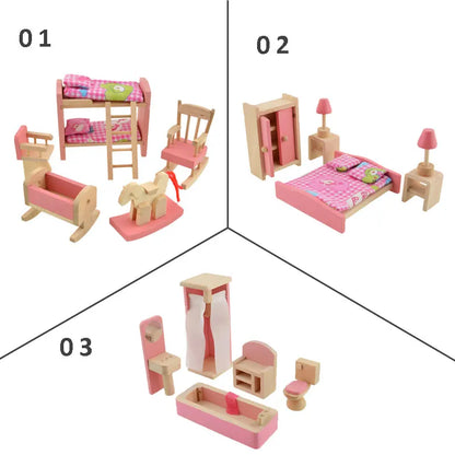 Pink Bathroom Furniture Bunk Bed House Furniture for Dolls Wood Miniature Furniture Wooden Toys for Children Birthday Xmas Gifts - Eloy Royal