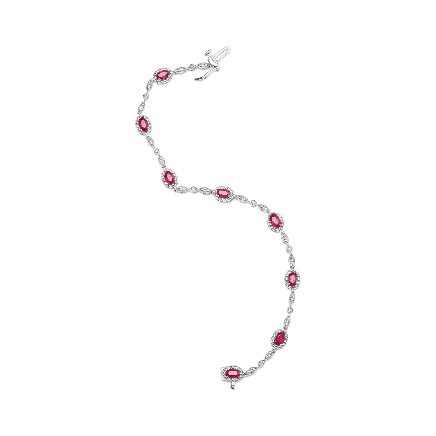 10K White Gold 4.5mm x 3mm Oval Ruby and Diamond Link Bracelet (H-I Color, SI1-SI2 Clarity)  - Size 7"