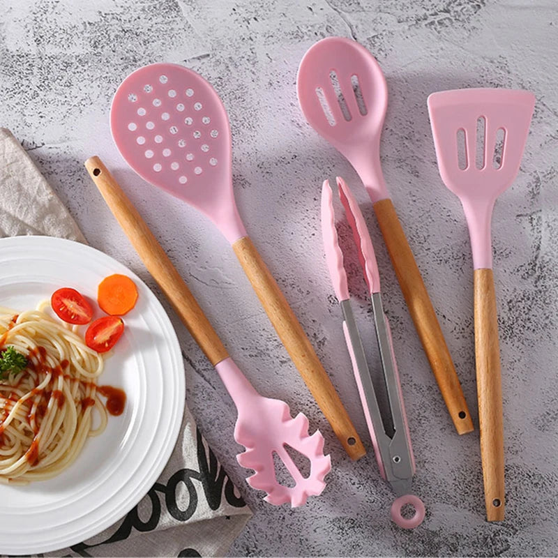 YOMDID Food Grade Silicone Kitchen Cooking Utensils Practical Cooking Tools Turner Spatula Spoon With Wooden Handle Kitchenware - Eloy Royal