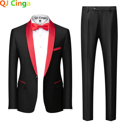 Black Men Mariage Color Block Collar Suits Jacket Trousers Male Business Casual Wedding Blazers Coat Pants 2 Pieces Set S-6XL