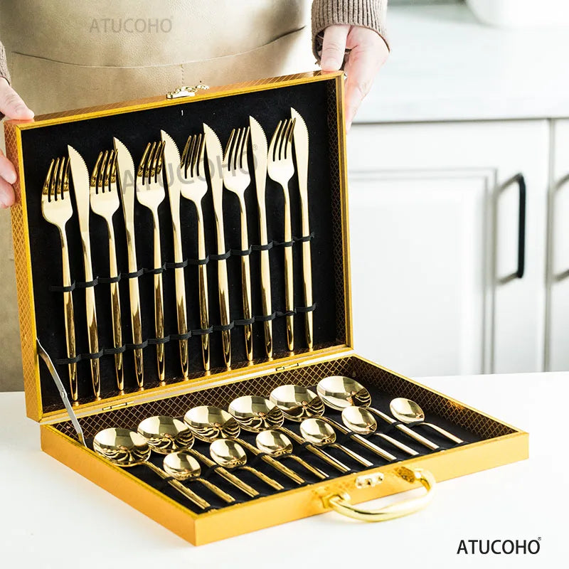 24PCS Cutlery Set Stainless Knife Fork Spoon Flatware Tableware Set Gold Gift Box Portable Dinnerware Dishwasher Kitchenware - Eloy Royal