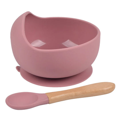 Baby Silicone Bowl Feeding Tableware Children's Suction Bowl Plate Wooden Handle Silicone Spoon Set Dishes For Baby Kitchenware - Eloy Royal