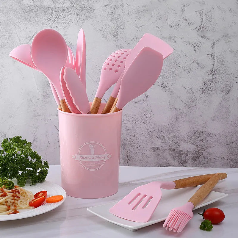 YOMDID Food Grade Silicone Kitchen Cooking Utensils Practical Cooking Tools Turner Spatula Spoon With Wooden Handle Kitchenware - Eloy Royal