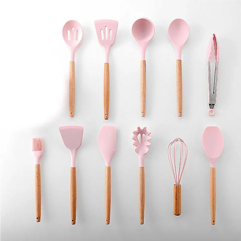 Pink Cooking Kitchenware Tool Silicone Utensils With Wooden Multifunction Handle Non-Stick Spatula Ladle Egg Beaters Shovel Set - Eloy Royal