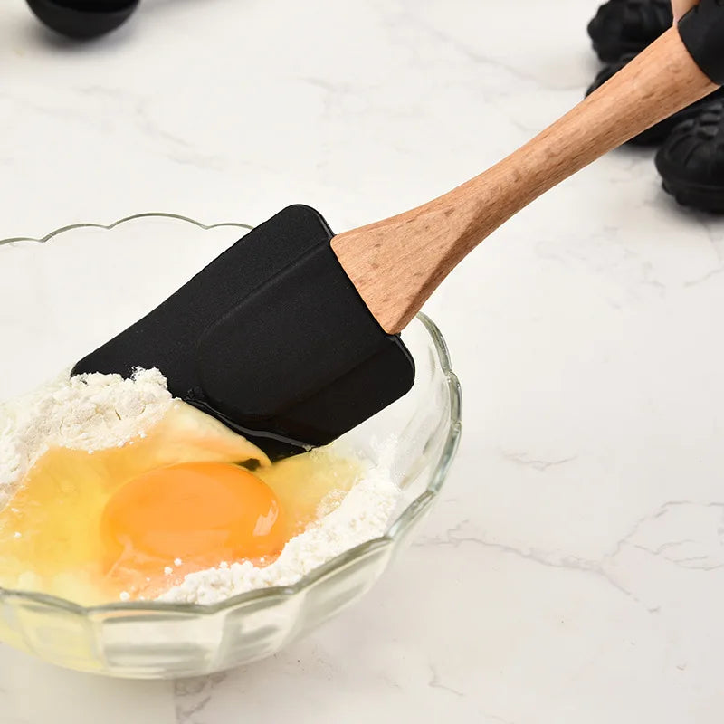 Silicone Kitchenware Wood Cooking Utensils Spatula Brush Scraper Pasta Server Gloves Egg Beater Black Kitchen Cooking Tools - Eloy Royal