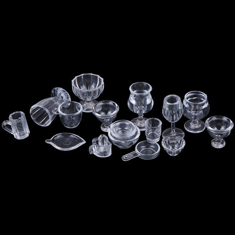 17Pcs/Set Mini Transparent Kitchenware Toy Drink Cups Dish Plate Tableware Miniatures DIY Pretend Play - Eloy Royal