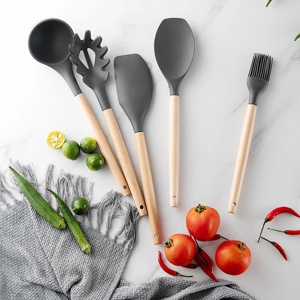 Silicone Kitchenware Cooking Utensils Set Non-stick Cookware Spatula Shovel Egg Beaters Wooden Handle Kitchen Cooking Tool Set - Eloy Royal