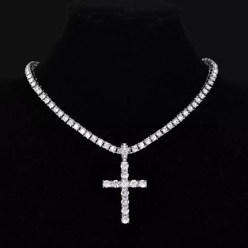 Men Women Hip Hop Cross Pendant Necklace With 4mm Zircon Tennis Chain Iced Out Exquisite Bling Jewelry Fashion Trendy Creative - Eloy Royal