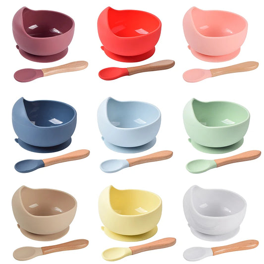 Baby Silicone Bowl Feeding Tableware Children's Suction Bowl Plate Wooden Handle Silicone Spoon Set Dishes For Baby Kitchenware - Eloy Royal