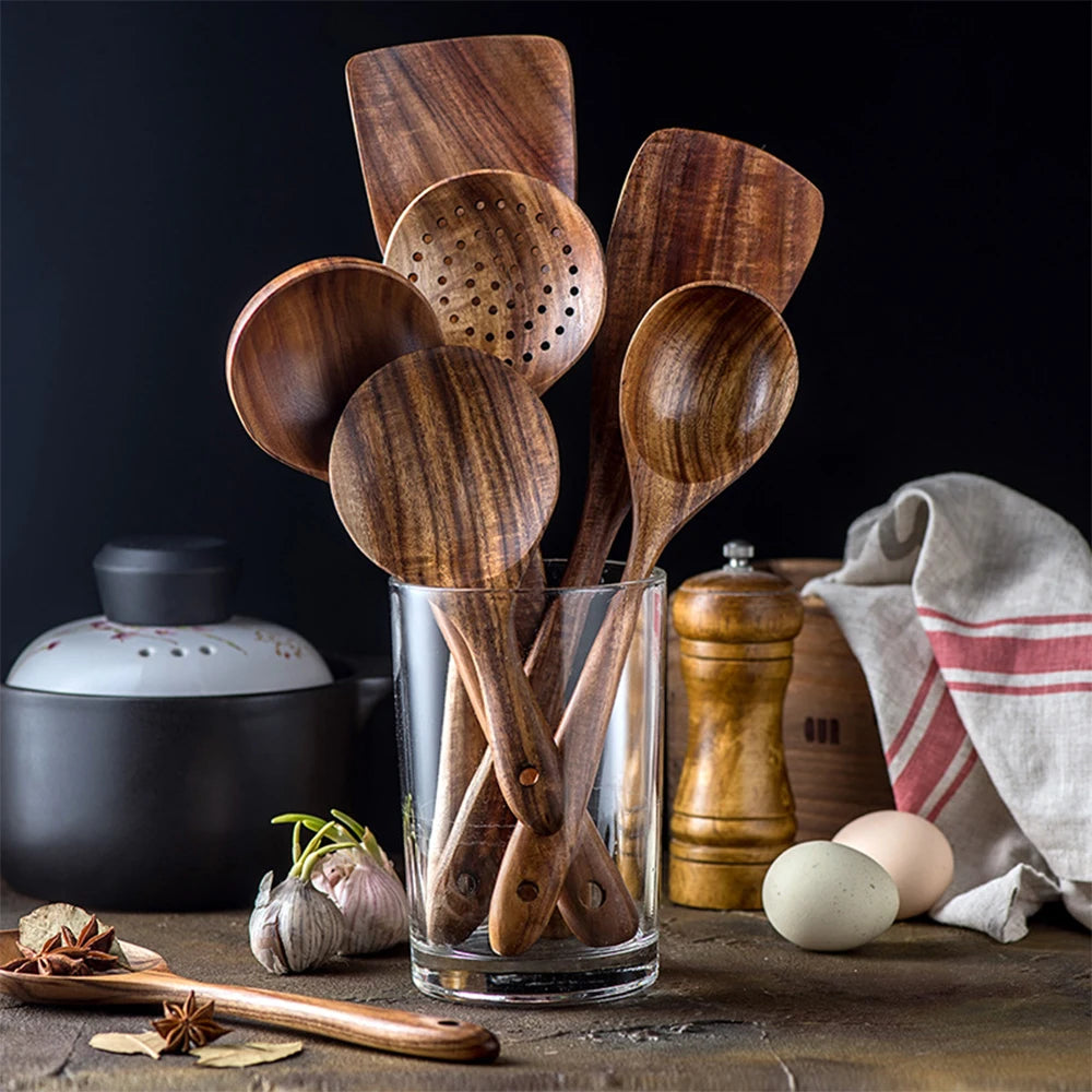 Teak Natural Wood Cookware Kitchen Utensils Cooking Tools Sets Tableware Kitchenware Dinnerware Spoon Shovel Colander Wooden Kit - Eloy Royal