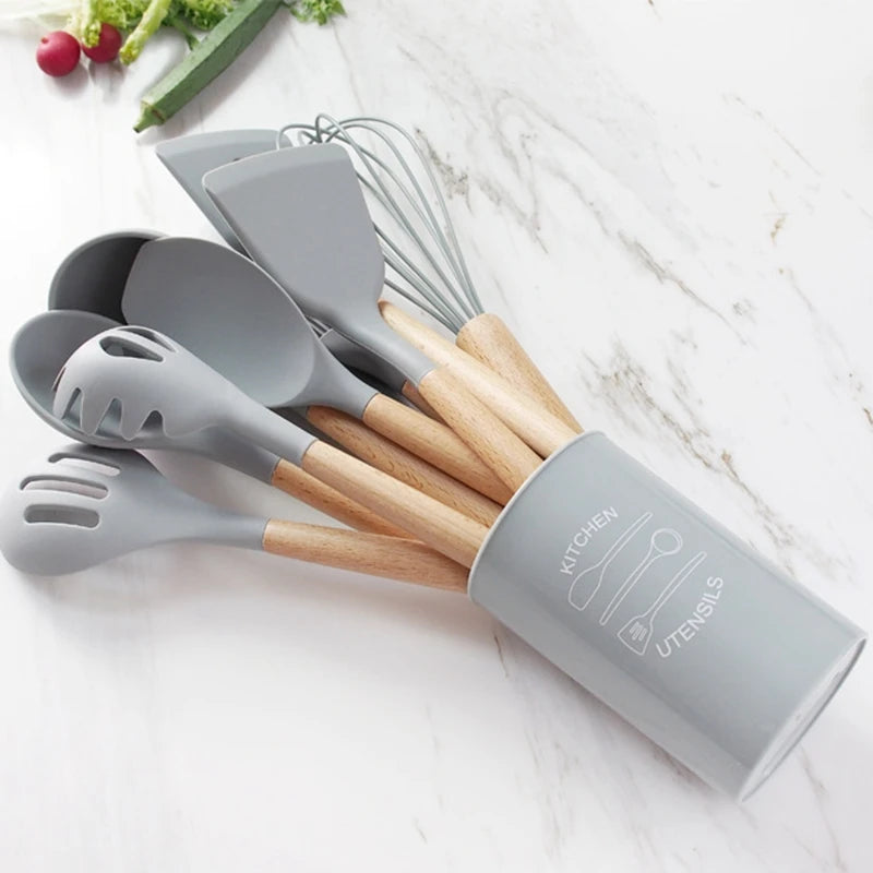 1pc Food Grade Silicone Kitchenware Non-stick Cookware Silicone Spatula Spoon Kitchen Tool Beech Handle Grey Cooking Utensils - Eloy Royal