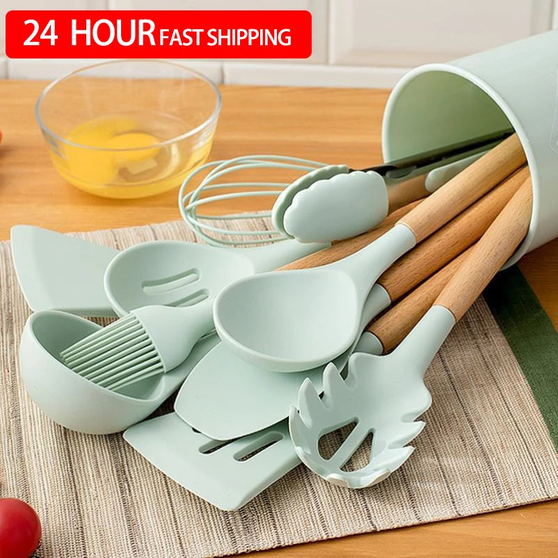 Green Silicone Utensils Cooking Kitchenware Tool Set With Wooden Multifunction Handle Non-Stick Spatula Ladle Egg Beaters Shovel - Eloy Royal