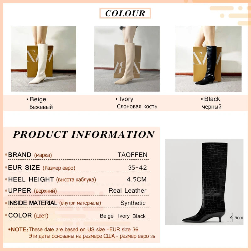 Taoffen New Women Knee High Boots Real Leather Pointed Toe Women Winter Shoes Fashion Sexy Party Shoes Women Footwear Size 35-42 - Eloy Royal