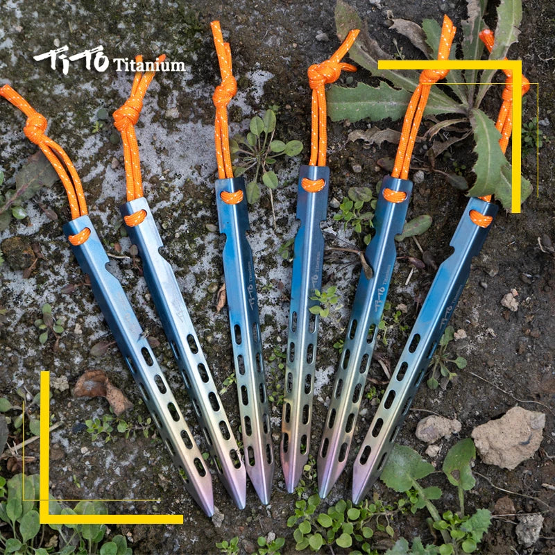 TiTo Titanium Tent Stake 6pcs/lots Colorful  V Shaped Windproof Outdoor Camping Tent  Nail  with Rope Suitable for Soft Ground - Eloy Royal