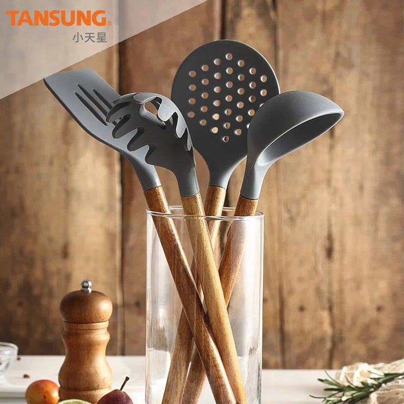 2020 Kitchen Utensils Silica Gel Cooking Spoon Leaky Spoon Acacia Wood Spatula Wooden Handle Silicone Kitchenware Set Spatula - Eloy Royal