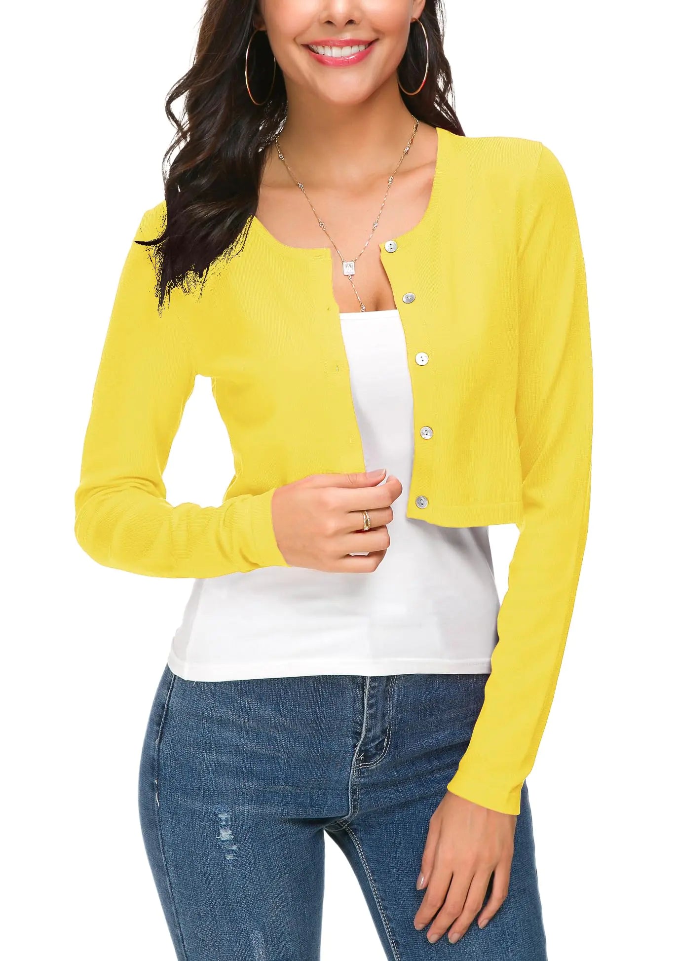 Women痴 Cropped Bolero Cardigan Button Down O-Neck Knitted Sweaters Coat (S Lemon Yellow)