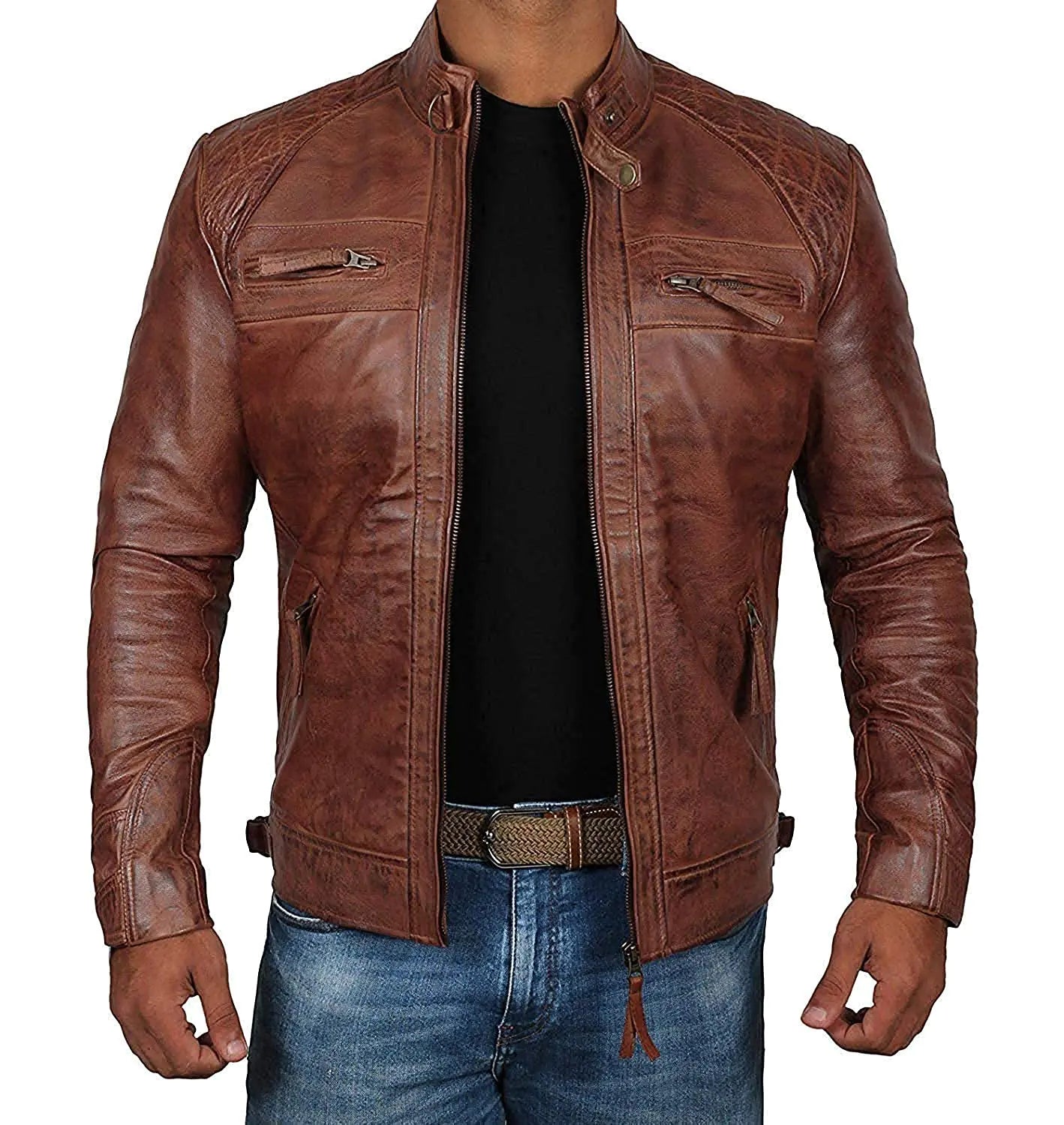 Decrum Real Leather Biker Jacket Men - Cafe Racer Leather Jacket | [1100086] Diamond 1 Brown 2XL
