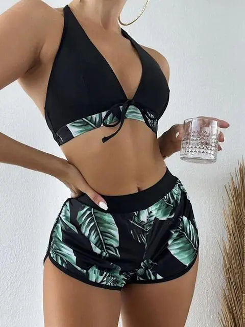 High Waist Bikini Set Swimwear Black-Green L