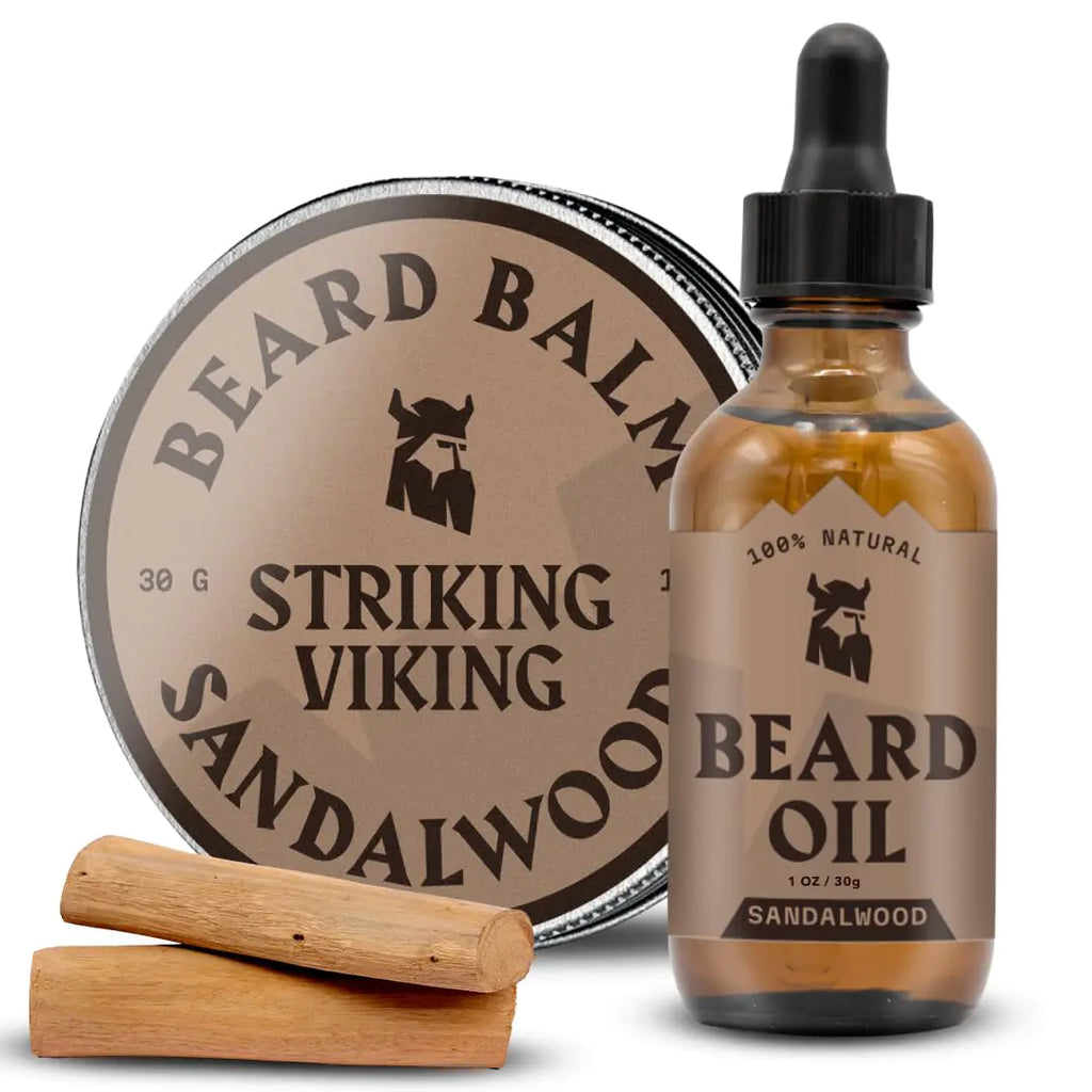 Striking Viking Beard Oil and Balm - Mens Beard Grooming Kit with All-Natural Beard Oil and Leave in Beard Balm Conditioner - Enriched with Argan and Jojoba Oil Sandalwood Natural Sandalwood 1 Fl Oz (Pack of 2)