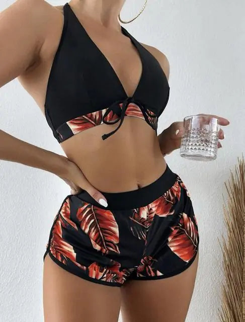 High Waist Bikini Set Swimwear Black-Red S