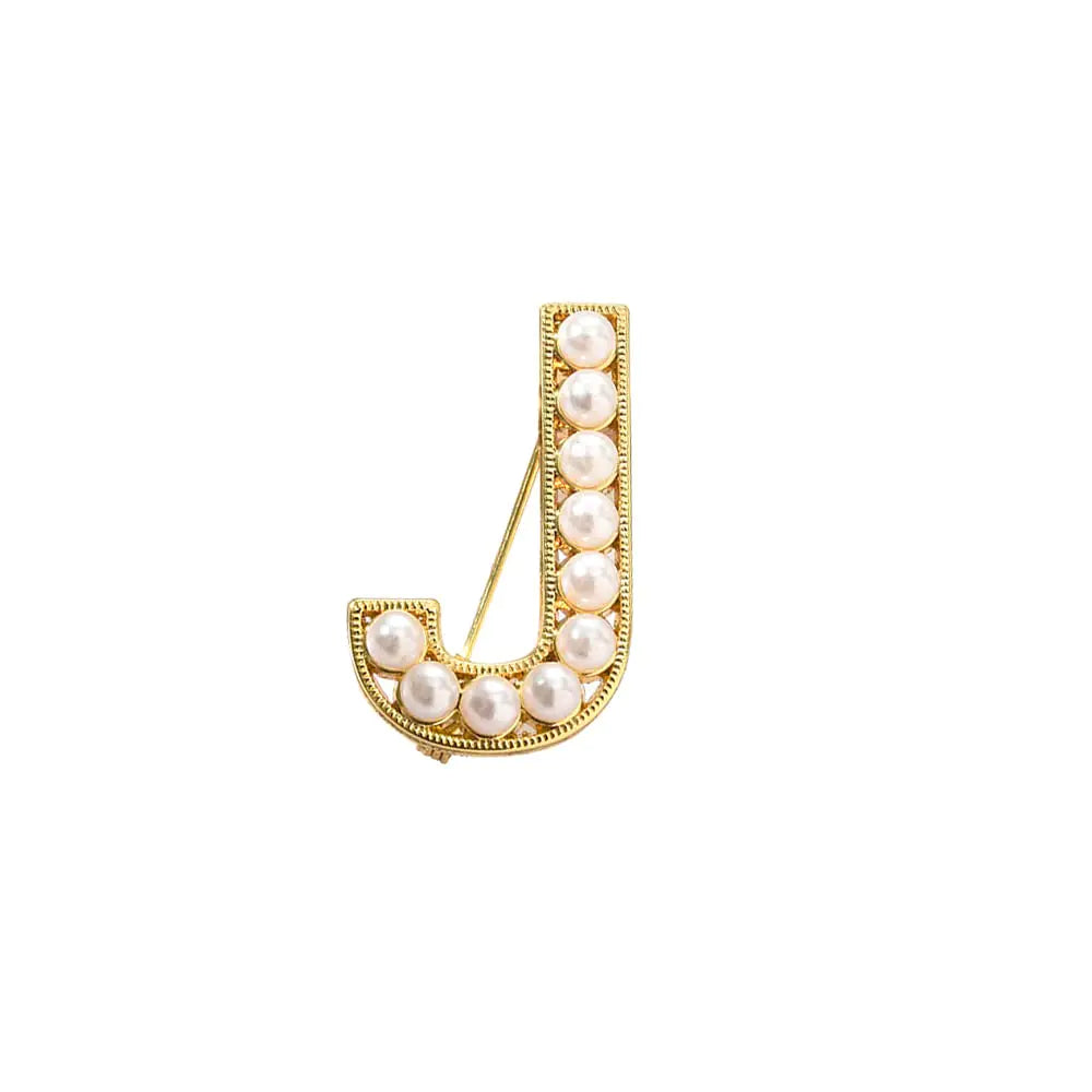 Elegant Gold Plated Simulated Pearl Initial Letter Brooch Pins for Women (J)