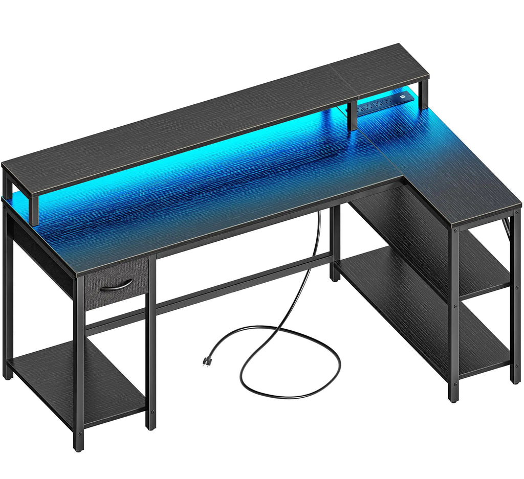 SUPERJARE 53 inch Reversible L Shaped Desk with LED Lights & Power Outlets Computer Desk with Shelves & Monitor Stand Gaming Desk with Drawer Home Office Desk Corner Desk Black Black 53 inch