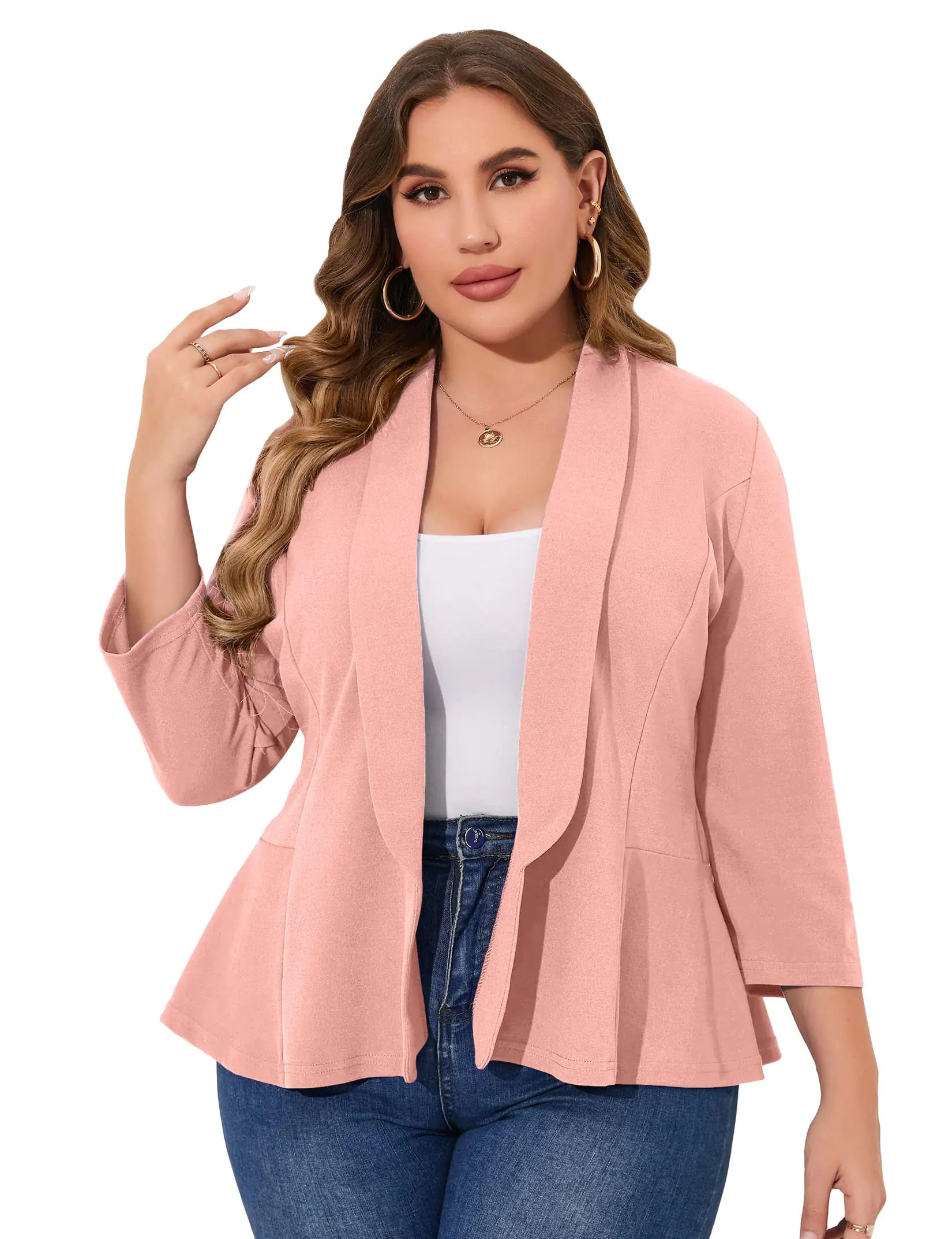 KOJOOIN Women Plus Size Casual Blazer Open Front Long Sleeve Work Office Cardigan Jackets Pink XL