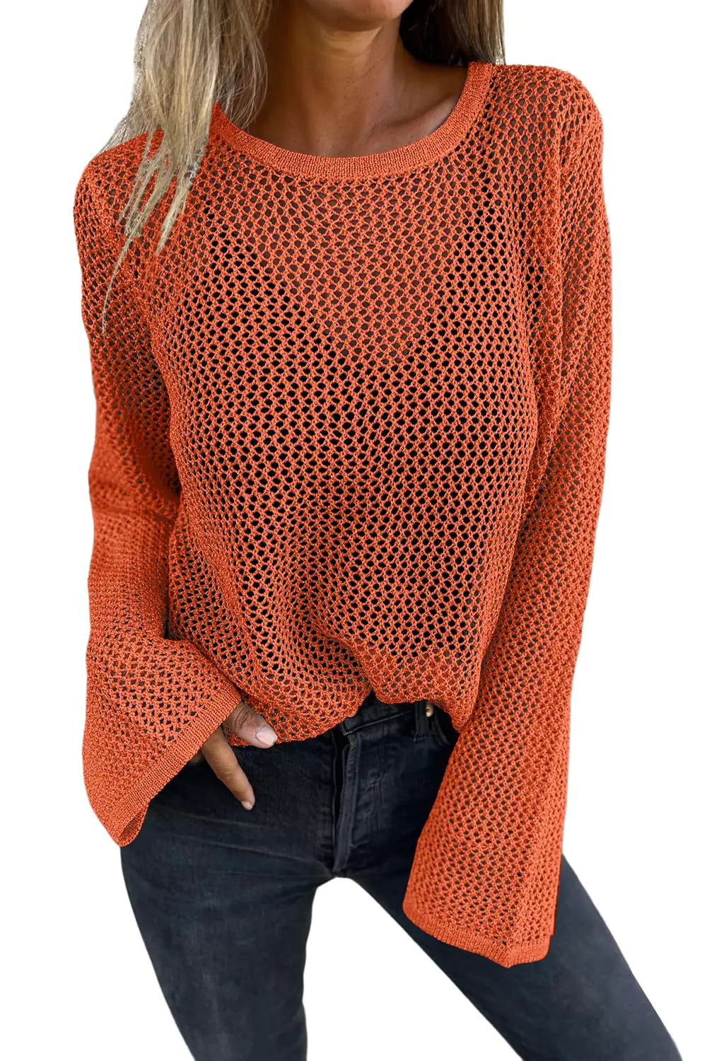 Allimy Womens Sweaters Hollow Out Crochet Metallic Knits Crewneck Long Sleeve Sweater Pullover Outerwear Orange S