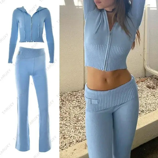 Knitted Hoodie Cropped Top And Pants Set - Eloy Royal