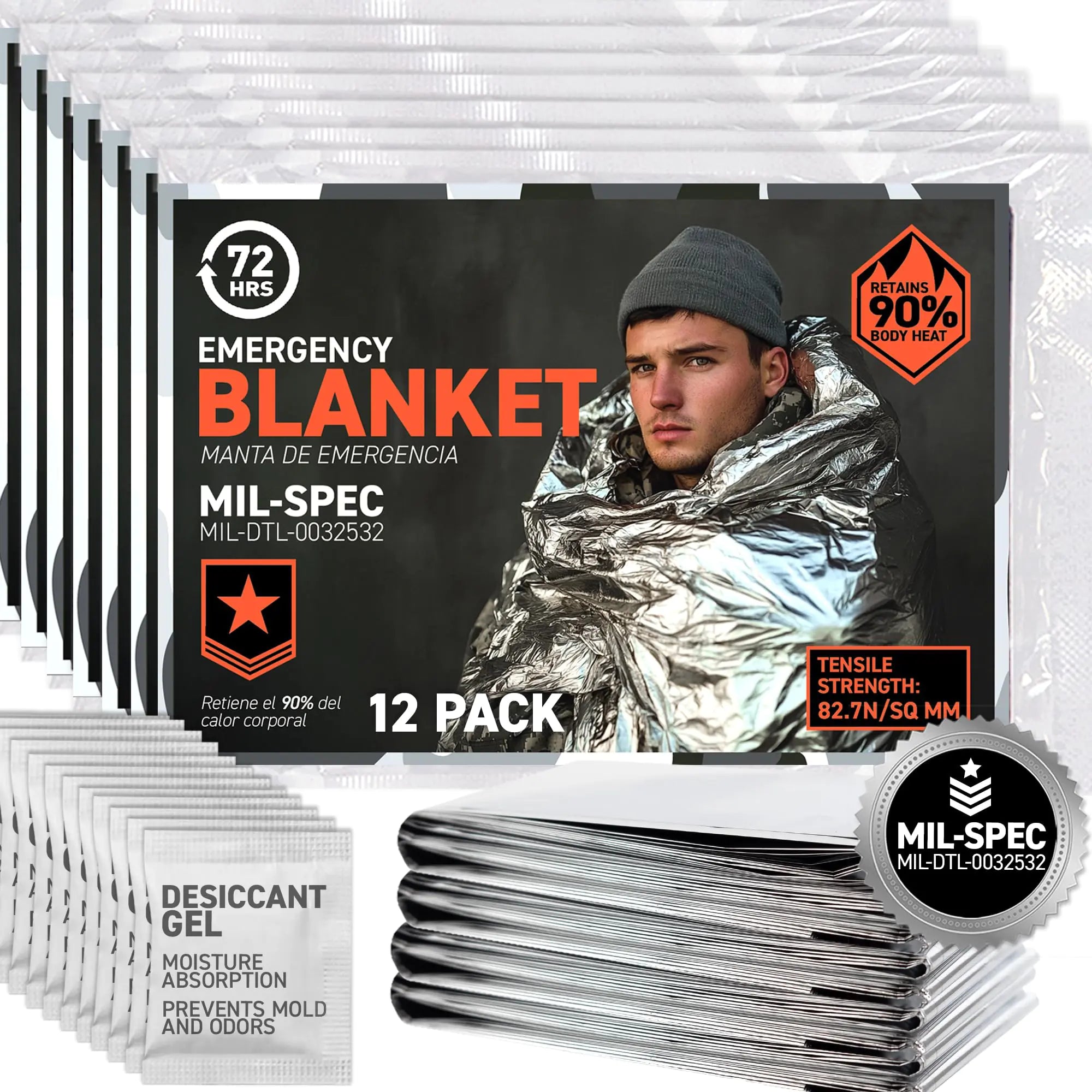 72 HRS MIL-SPEC Emergency Space Blankets – Mylar Survival or Emergency Thermal Blankets for Camping Hiking Marathon First Aid Emergency Preparedness Extreme Weather Shelter (12-Pack) 12